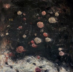 "Floral VII" (Abstract, Bold, Black and Pink Floral Rose Painting 36" square)