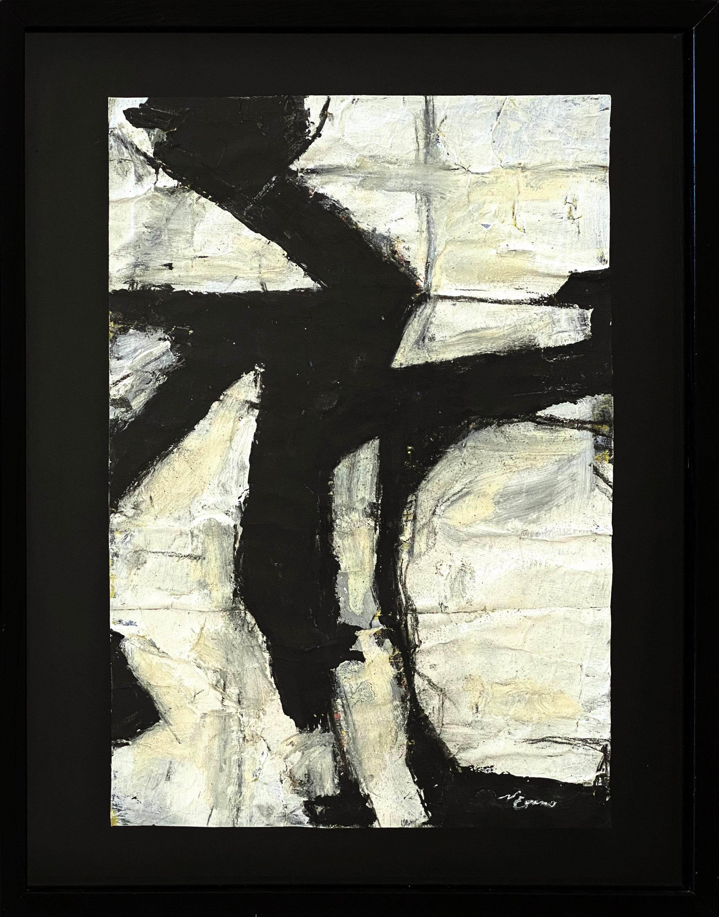 « Hatching XVI » (peinture abstraite, audacieuse, graphique, en noir et blanc, encadrée)