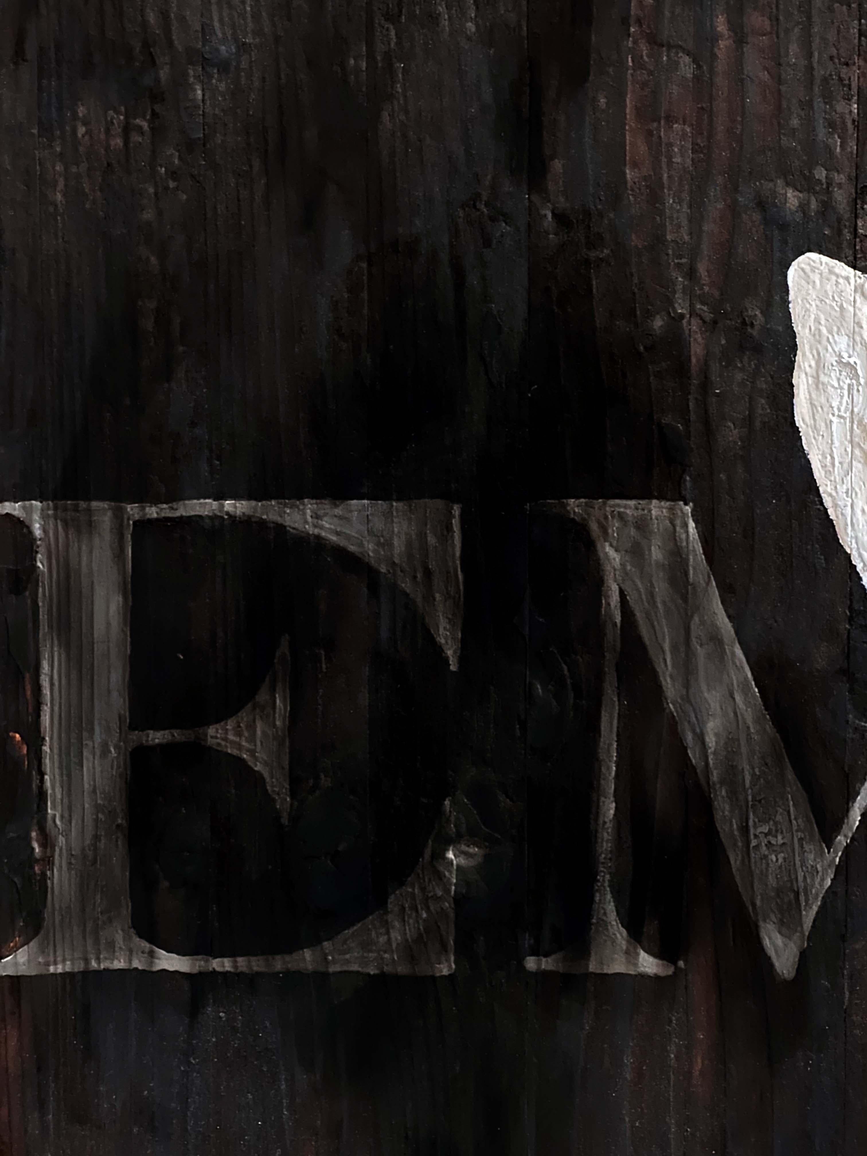 “Argot of Late” (Large Abstract Painting, Bold, Graphic, Type on Wood-120x80cm) For Sale 2