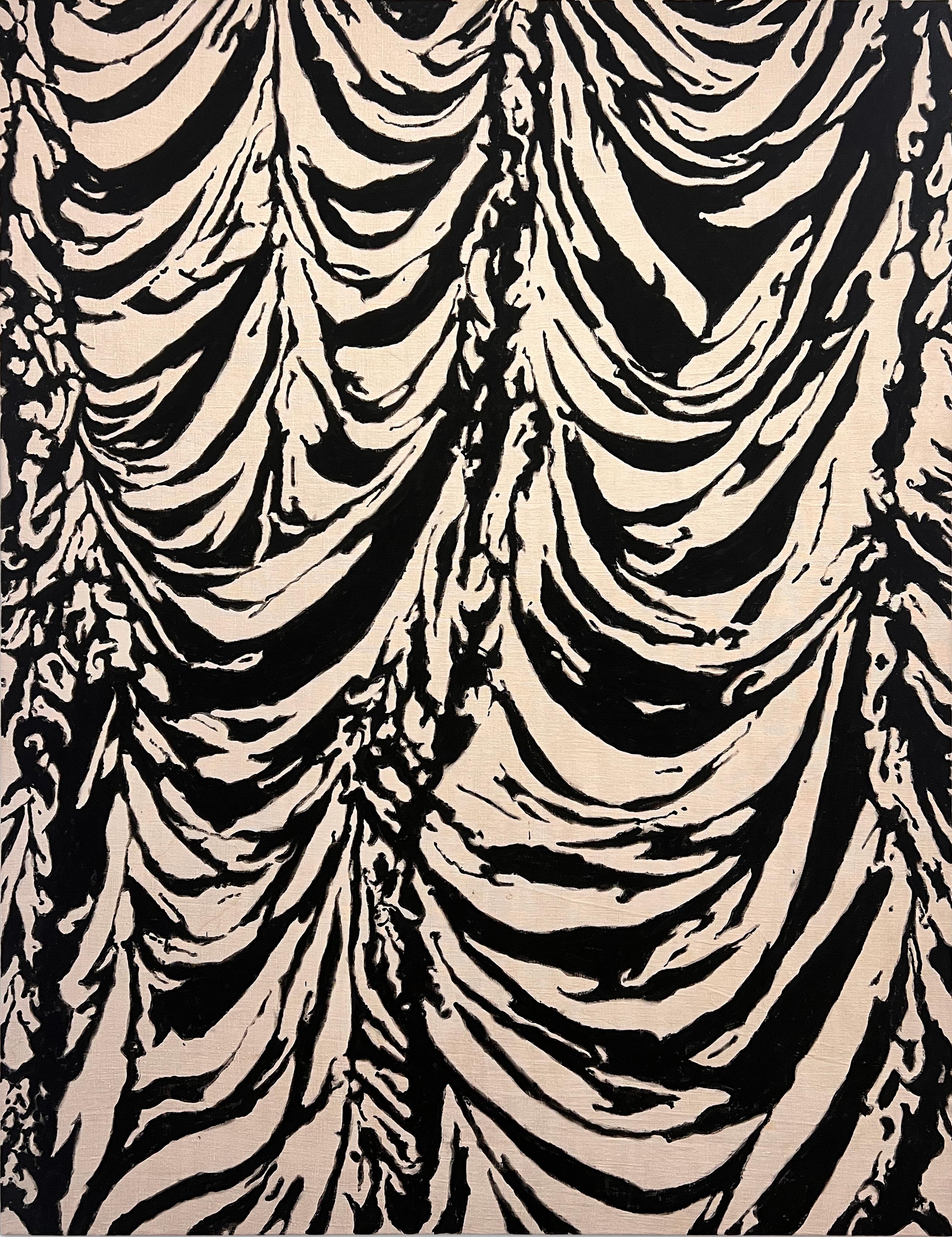 Abstract Painting di Nicholas Evans - "Aria di Opera Eleven" (b&n, tende astratte, scultura, tessuto, grassetto, nero)