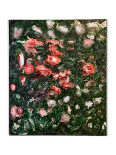 "At The Very Least" (astratto originale, flora, fiori, fauna, verde, rosa, rosso)