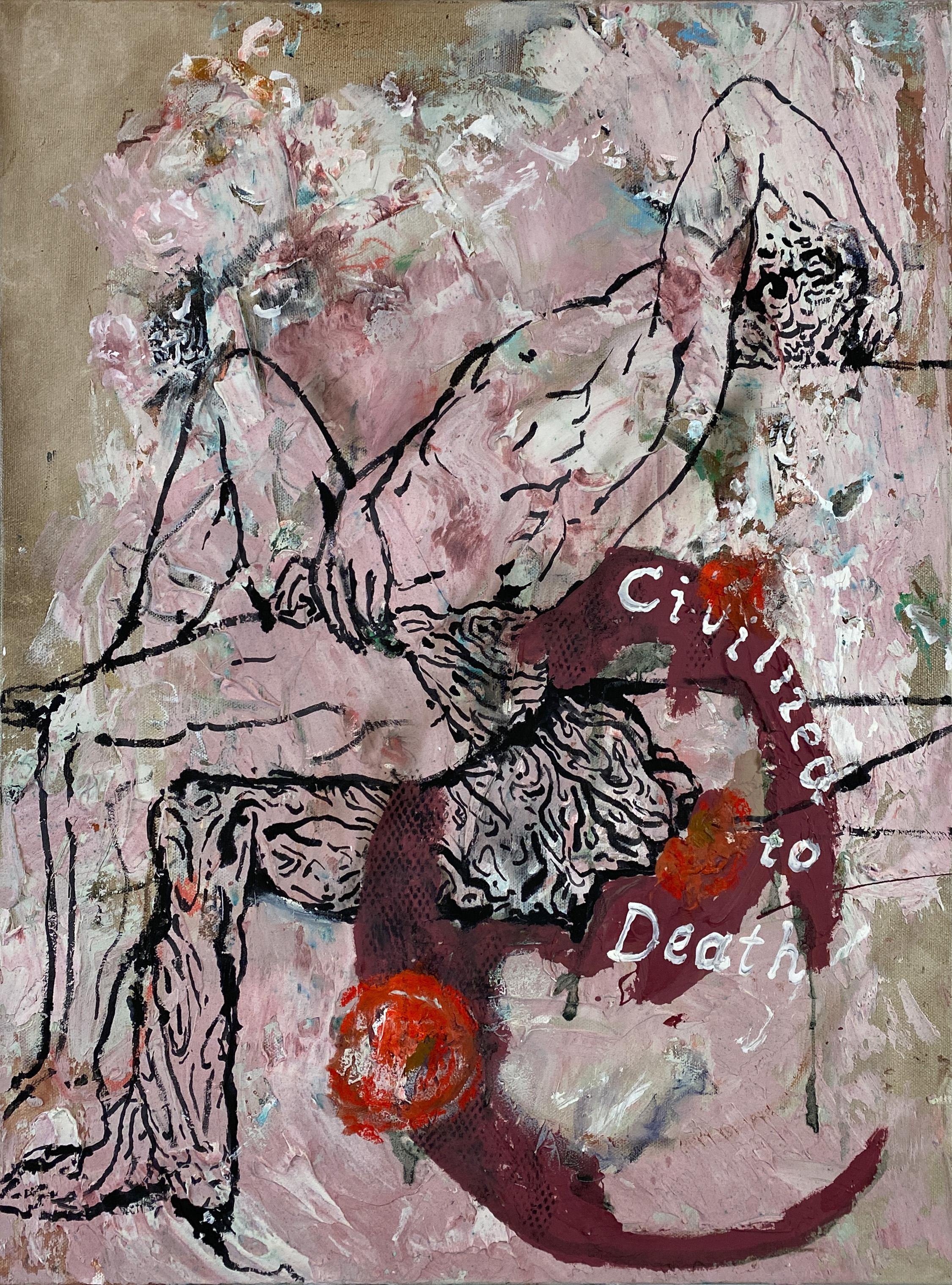 Nicholas Evans Abstract Painting – "Civilized to Death" (Contemporary, Verspielt, Text, Schrift, Akt, Figurativ, Rosa)