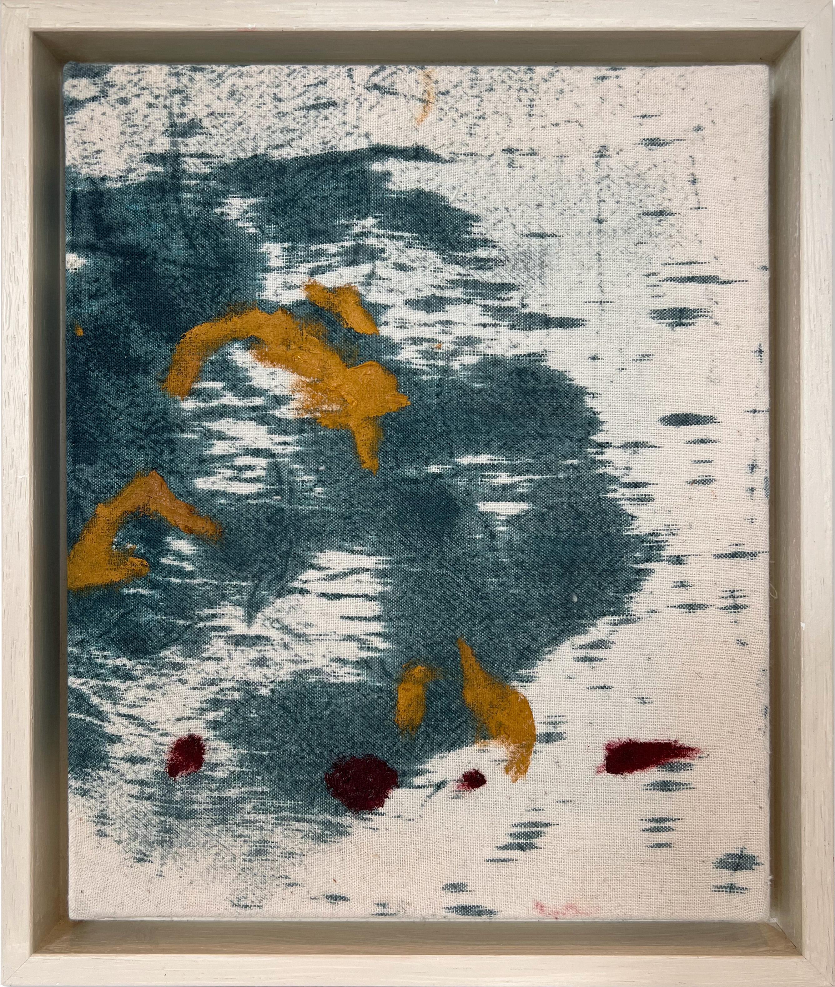 "Day Remains I" (abstract, blue dye, deep red, yellow, framed painting, cotton)