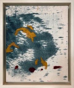 "Day Remains I" (astratto, tinta blu, rosso intenso, giallo, quadro con cornice, cotone)