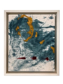 "Day Remains II" (abstract, blue dye, deep red, yellow, framed painting, cotton)