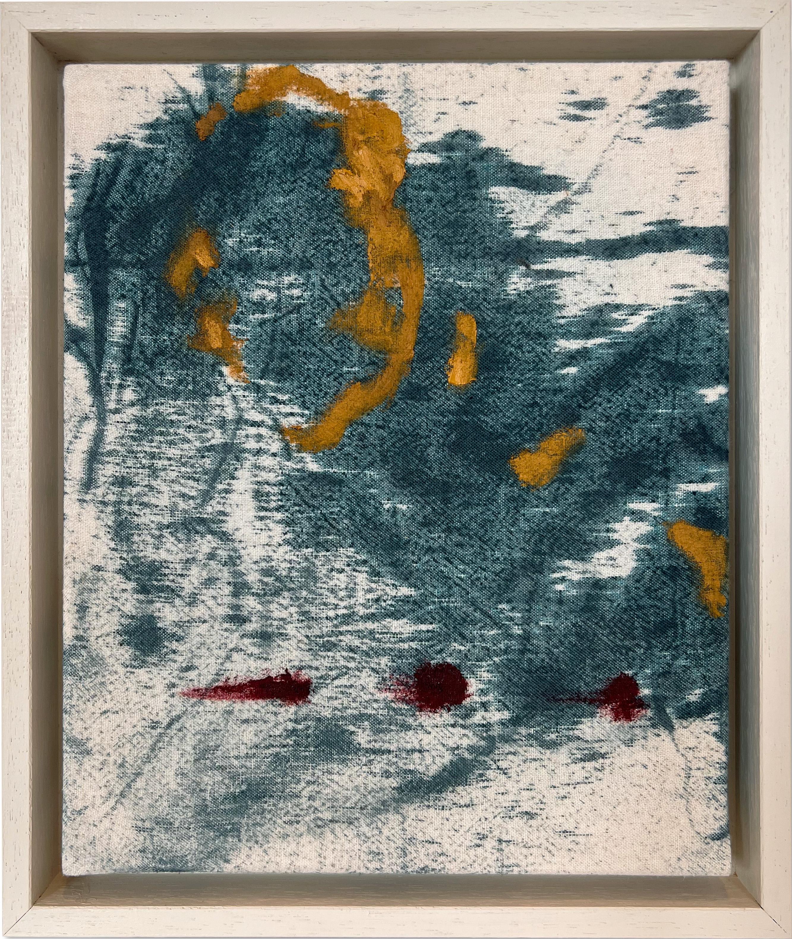 "Day Remains II" (abstract, blue dye, deep red, yellow, framed painting, cotton)