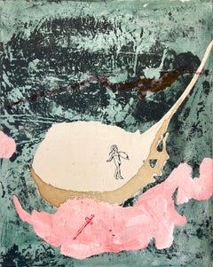 "Palomas para los dorios I" (rosa, verde, blanco, guerrero griego. espada, pintura)