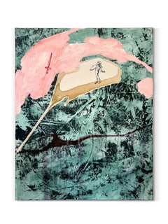 "Doves for the Dorians II" (pink, green, white, Greek warrior. sword, painting)