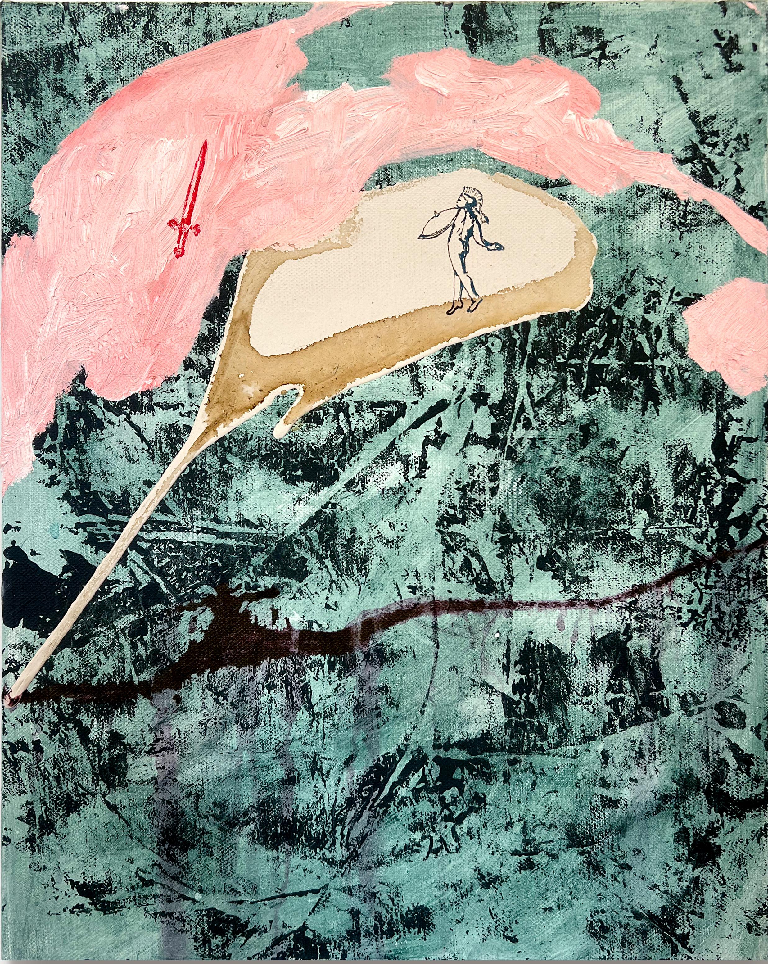 Nicholas Evans Abstract Painting - "Doves for the Dorians II" (pink, green, white, Greek warrior. sword, painting)