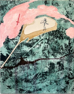 "Doves for the Dorians II" (pink, green, white, Greek warrior. sword, painting)