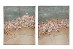 "Envoi I" (abstract, blue, pink floral, oil painting on antique linen, diptych)