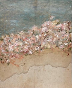 "Envoi I" (abstract, blue, pink floral, oil painting on antique linen, diptych)