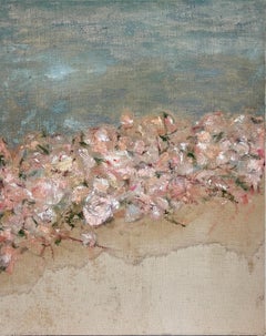 "Envoi II" (abstract, blue, pink floral, oil painting on antique linen, diptych)