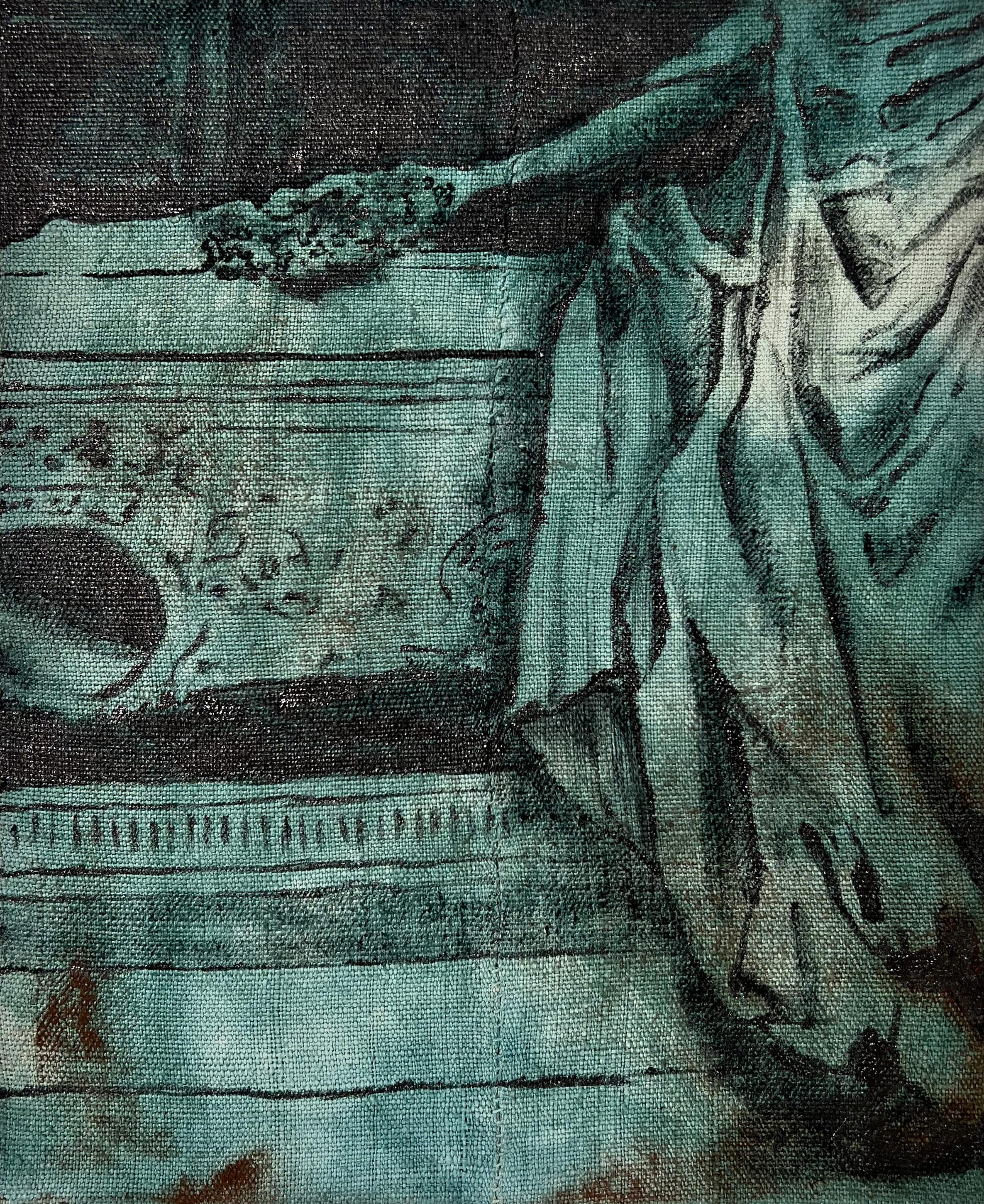 Nicholas Evans Abstract Painting - "Final Offering" (emotional, antique, statue painting on green dyed canvas)