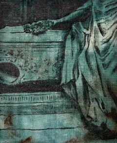 "Final Offering" (emotional, antique, statue painting on green dyed canvas)