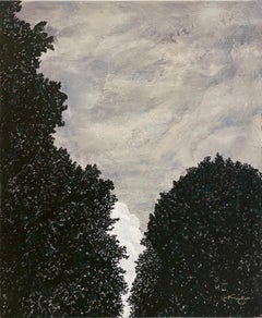 "Fissure" (Neutral Landscape, Cerebral Trees and Sky, Abstract Painting on Wood)