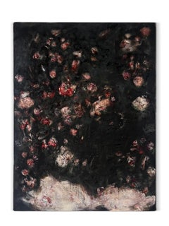 "Floral IV" (abstract, dark, floral, red, pink, roses, oil painting, canvas)