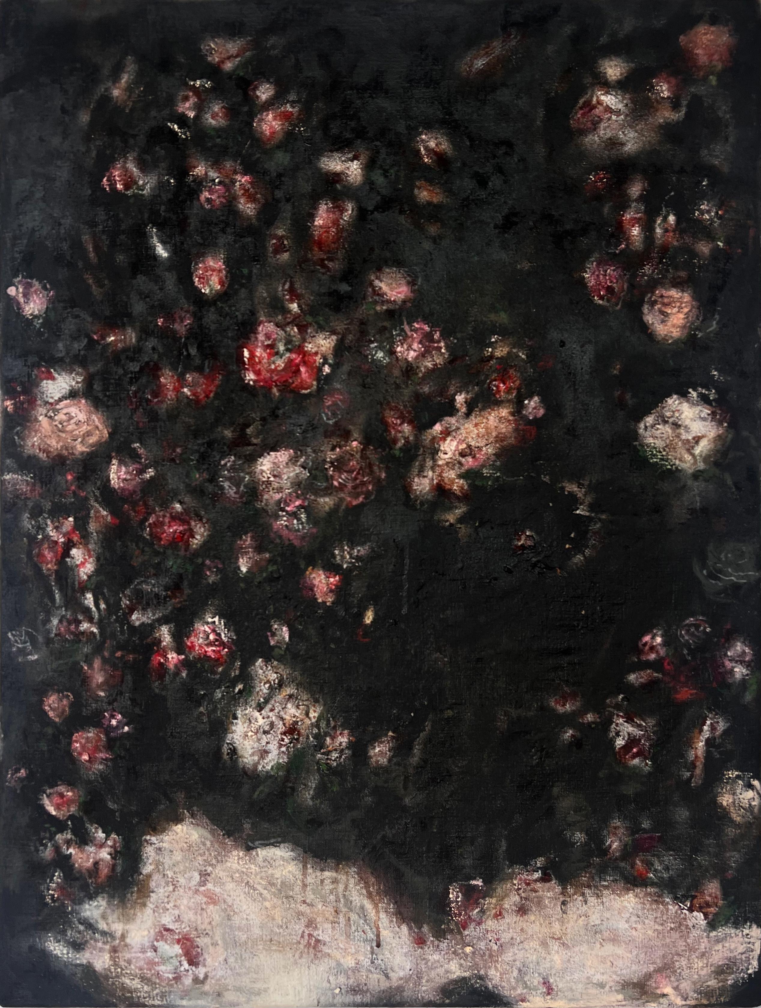 "Floral IV" (astratto, scuro, floreale, rosso, rosa, rose, pittura a olio, tela)