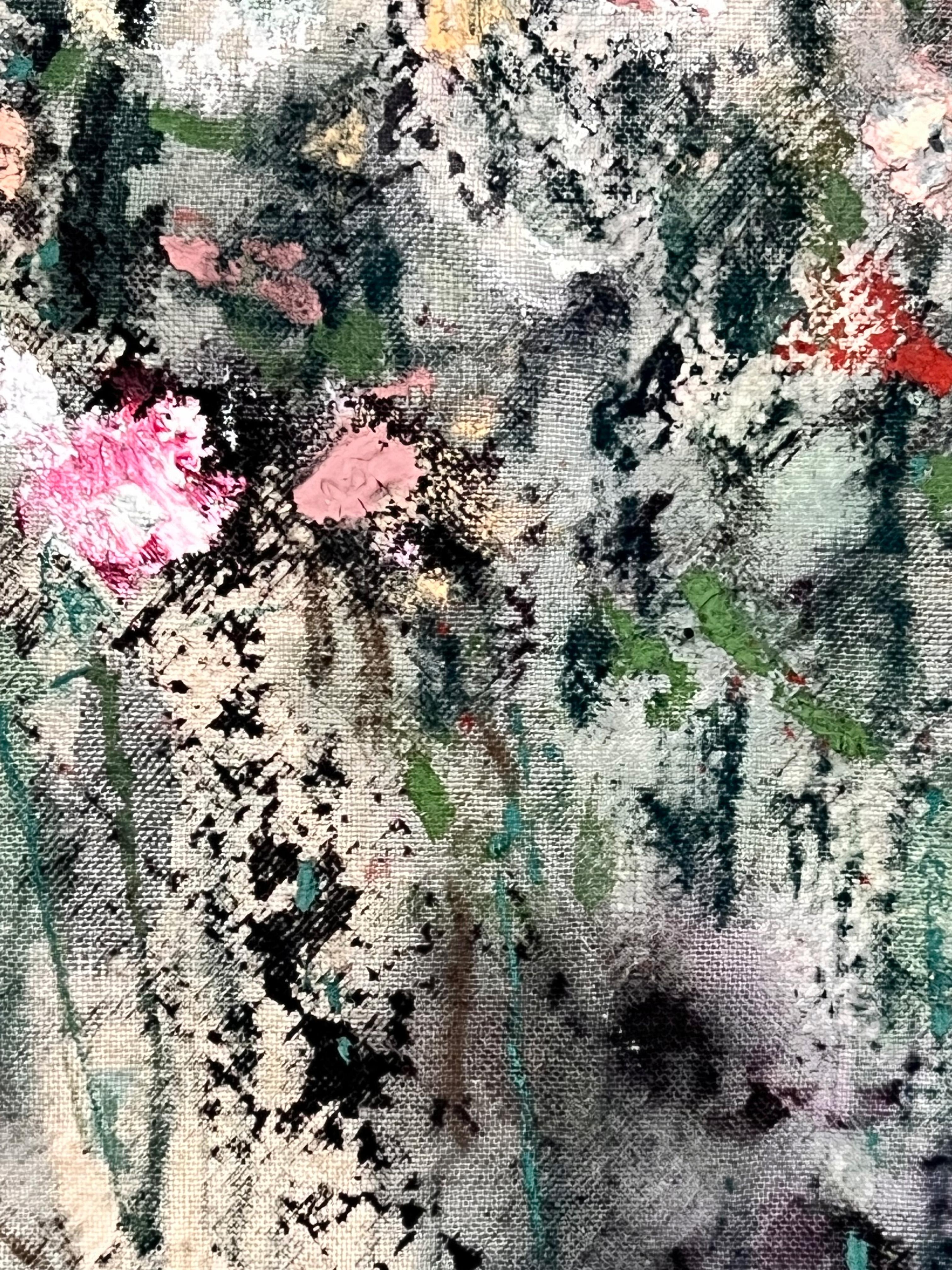 FLORUIT
2024
Paris, France

This complex and layered floral painting of an abstract vase of flowers presents an energetic and mesmerizing subject. This original painting on cotton canvas utilizes a range of mediums including oil paint, oil stick,