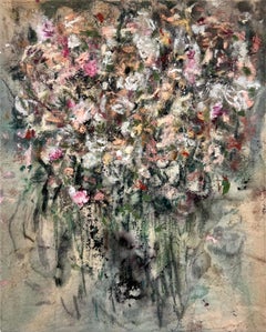 "Floruit" (abstracto verde, rosa, floral, paisaje, pintura al óleo, lienzo de algodón)