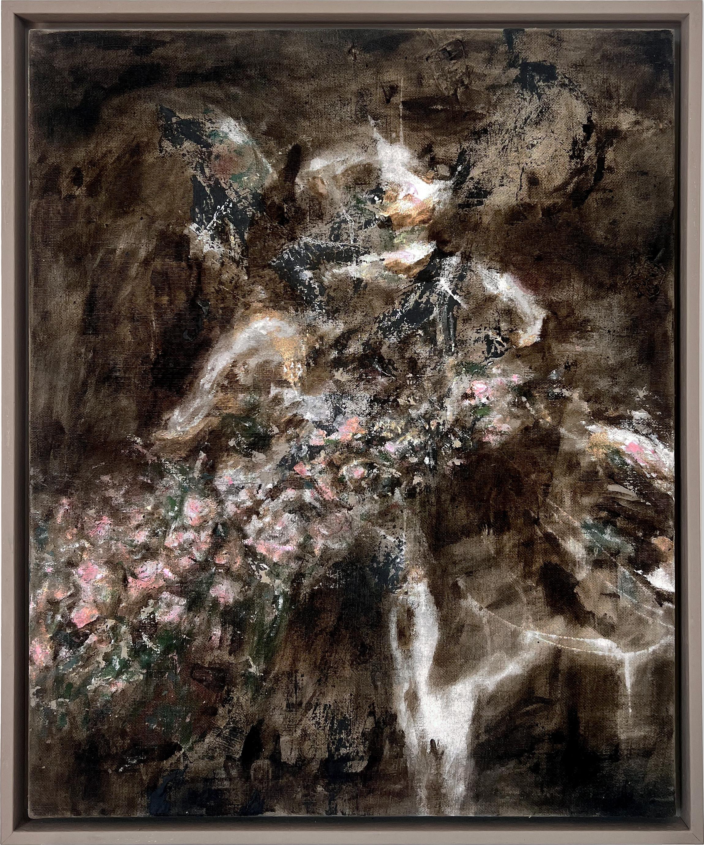 "Habitual I" (rich, cerebral, abstract, floral, black & white, antique canvas)