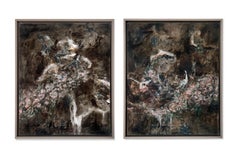 "Habitual II" (flora, rich, cerebral, abstract, black & white, antique canvas)