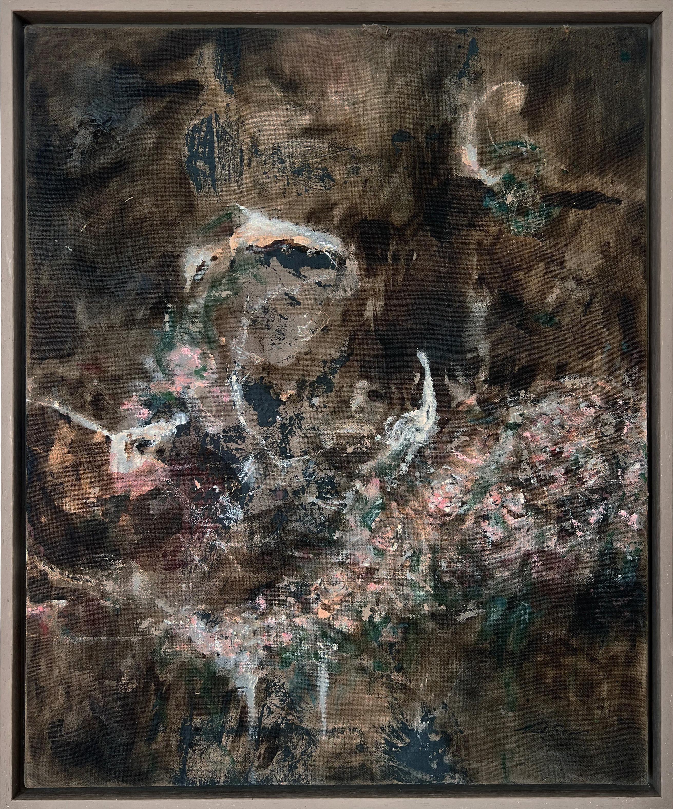 "Habitual II" (tela antica, ricca, cerebrale, astratta, floreale, in bianco e nero)