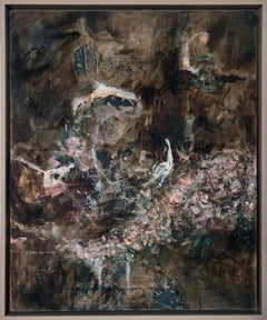 "Habitual II" (rich, cerebral, abstract, floral, black & white, antique canvas)