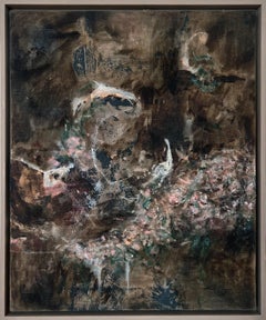"Habitual II" (tela antica, ricca, cerebrale, astratta, floreale, in bianco e nero)
