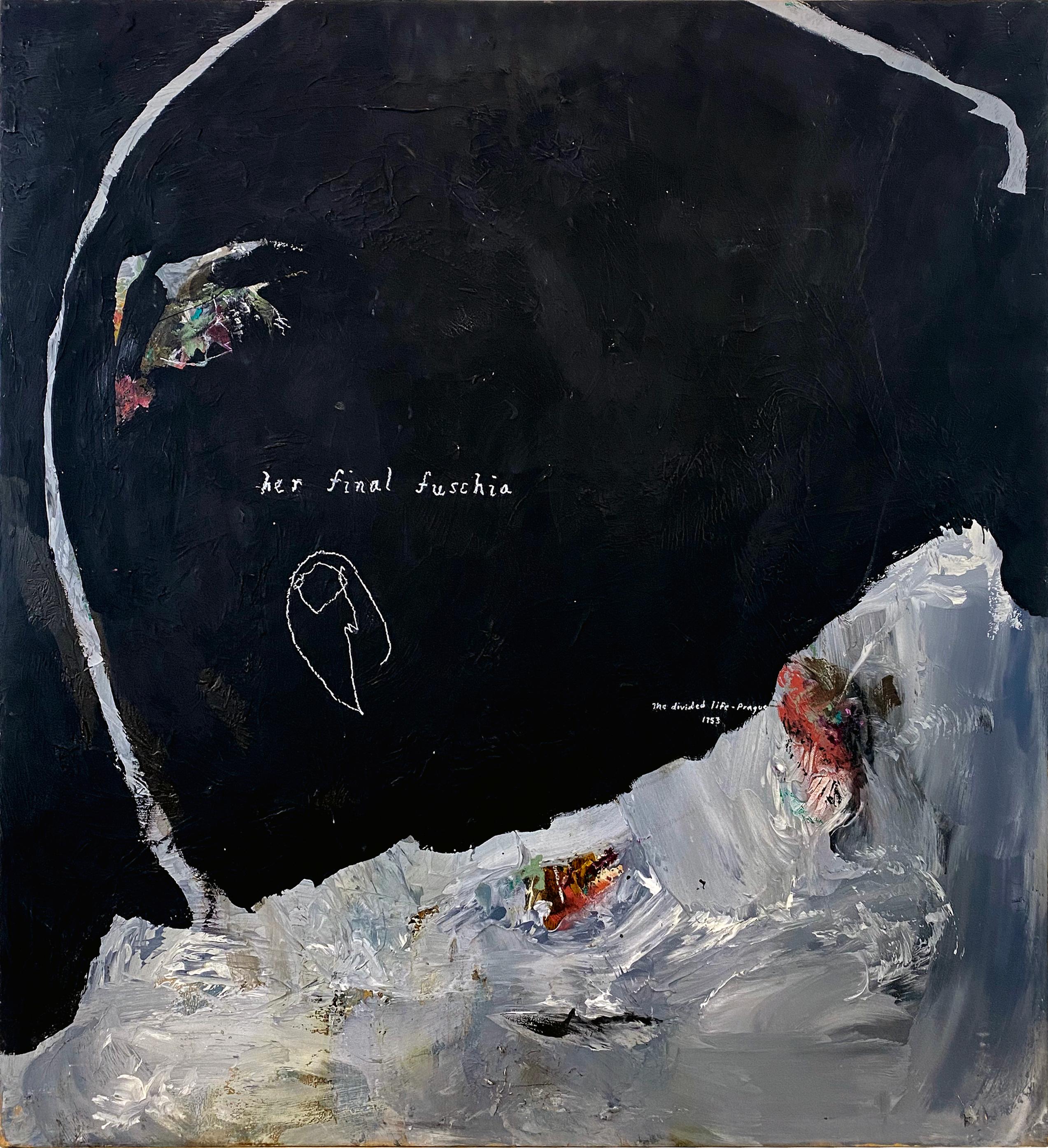 Abstract Painting de Nicholas Evans - "Su fucsia final" (Pintura negra, abstracta, contemporánea, con textura y tipografía)