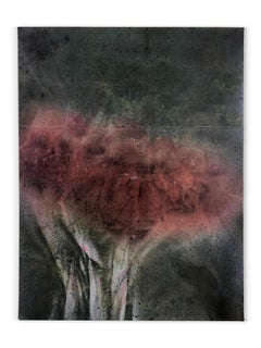 "I'm Sorry Too" (contemporain, abstrait, sombre, floral, vert, roses, lin)