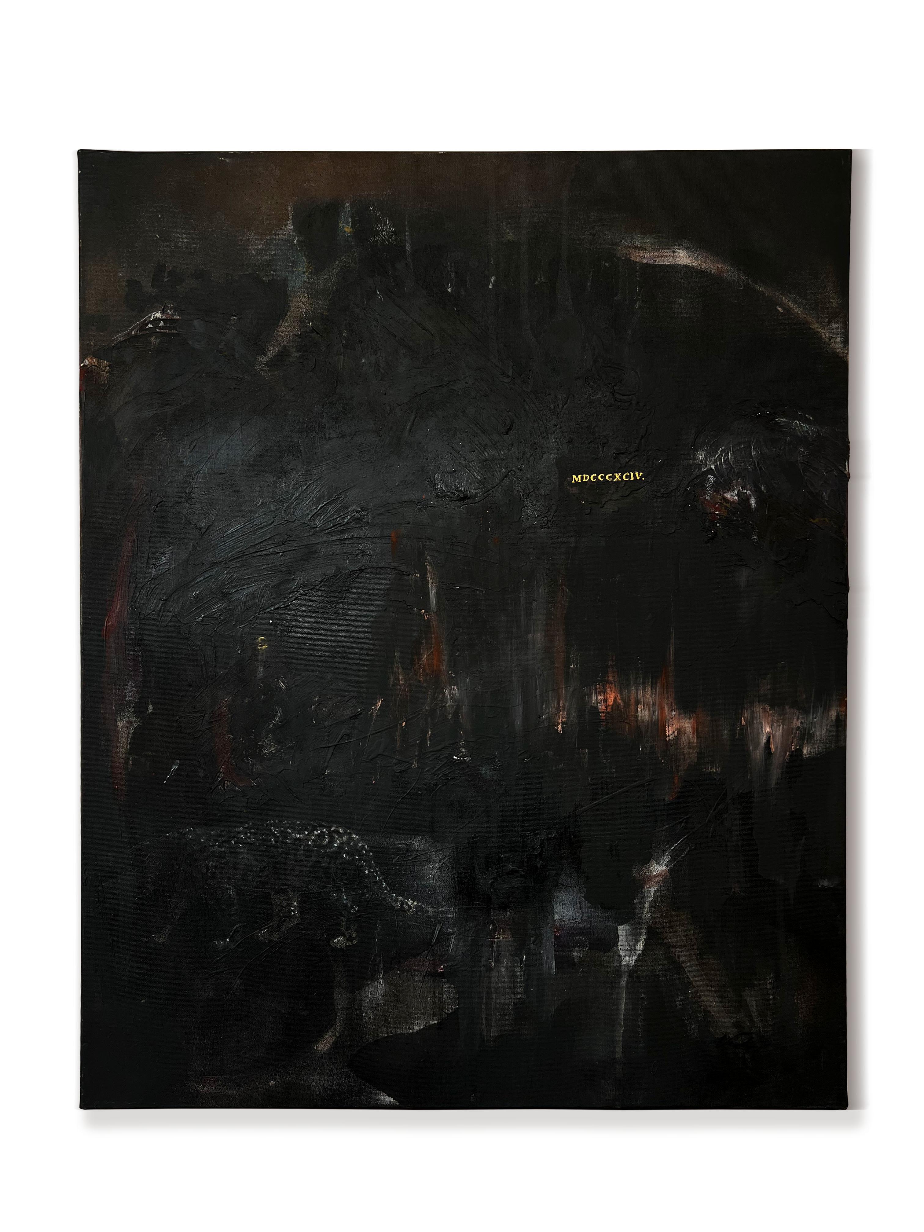 « It's Not True » (peinture abstraite, surréaliste, foncée, noire, or, léopard, toile) - Painting de Nicholas Evans