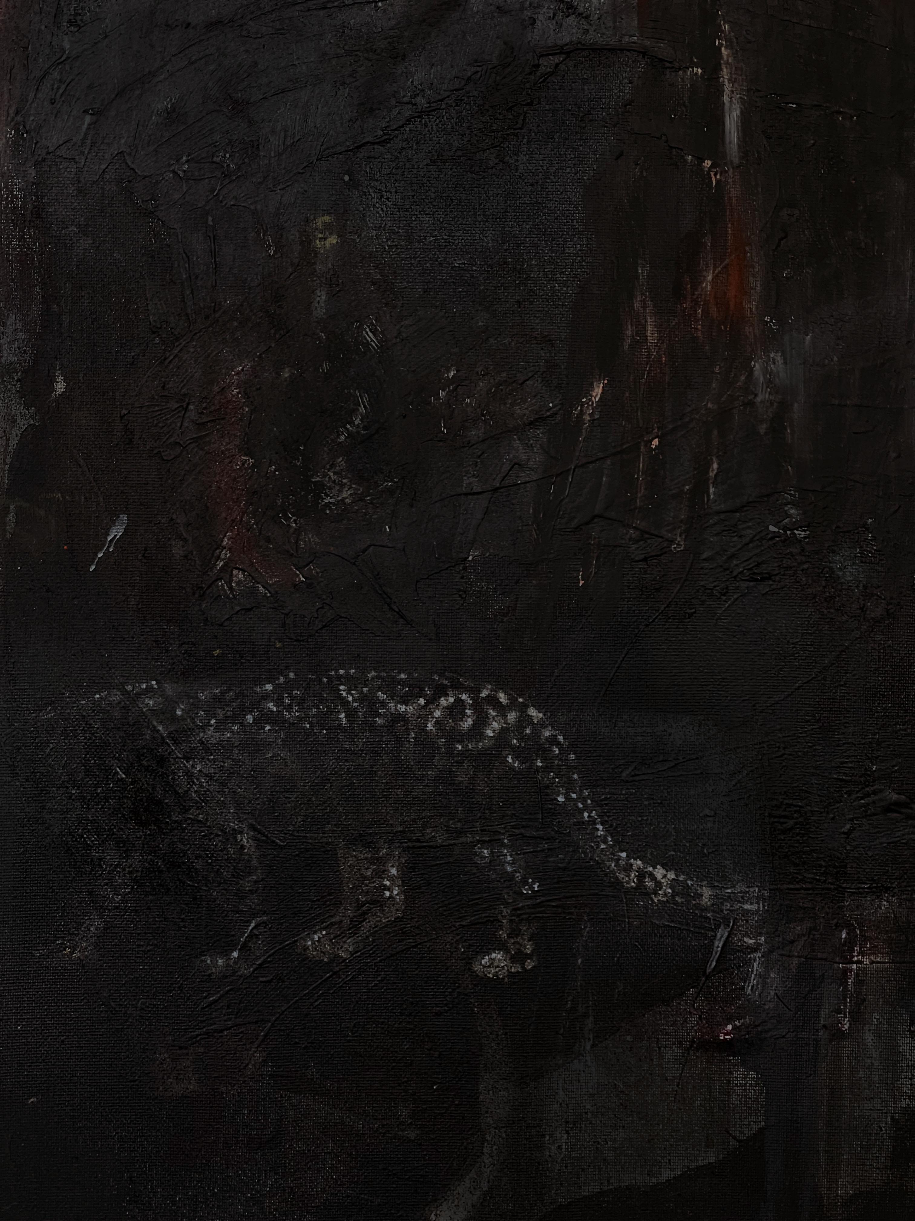« It's Not True » (peinture abstraite, surréaliste, foncée, noire, or, léopard, toile) - Noir Animal Painting par Nicholas Evans