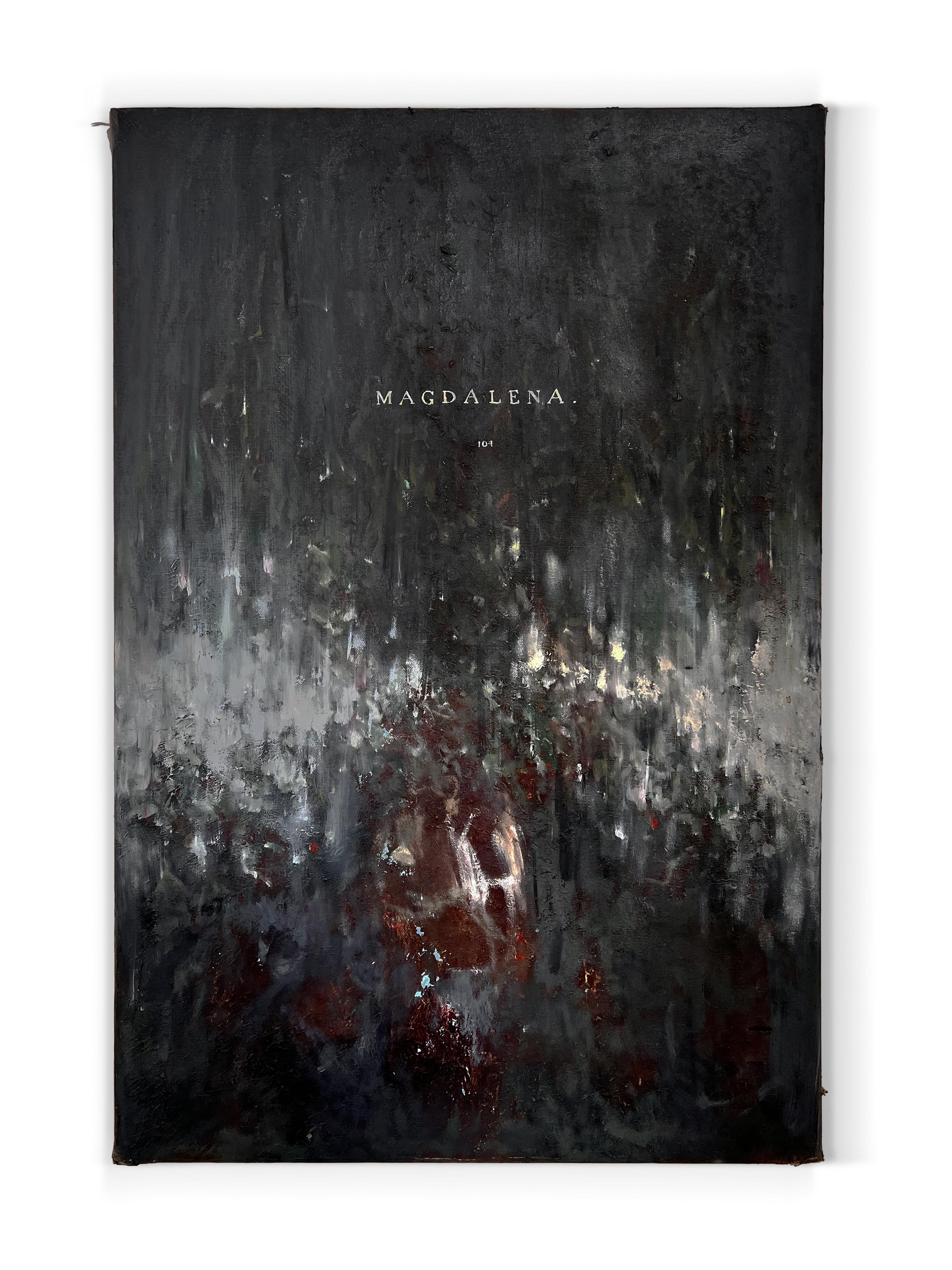 „Magdalena“ (Schwarz-Weiß, Rot, Textart, abstrakt, surreal, dunkel, geheimnisvoll) – Painting von Nicholas Evans