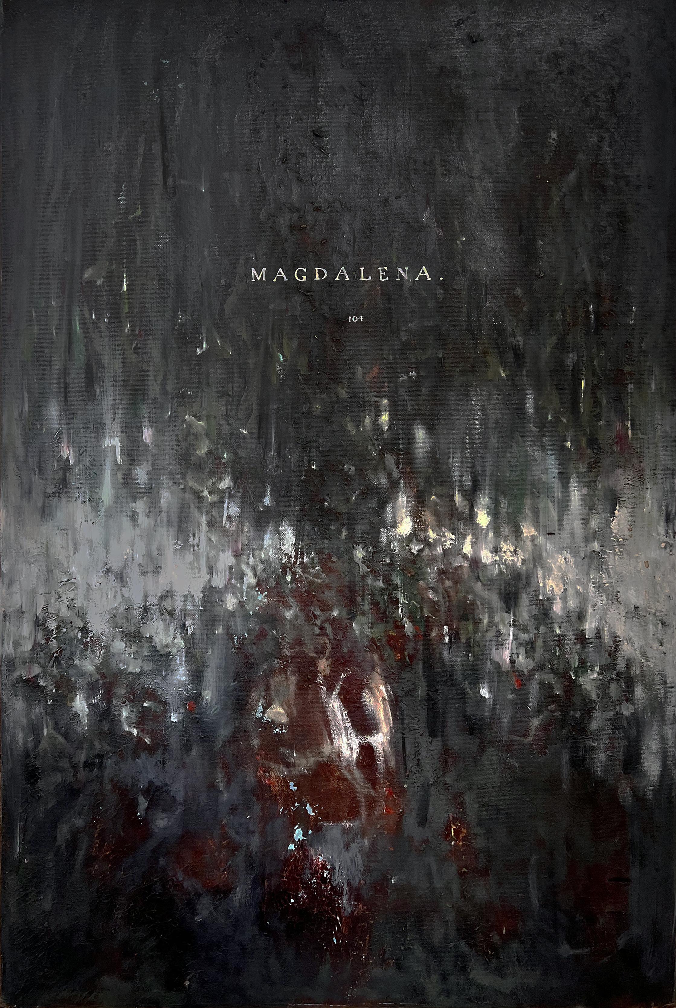 Nicholas Evans Abstract Painting - "Magdalena" (black & white, red, text type, abstract, surreal, dark, mysterious)