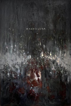 "Magdalena" (noir et blanc, rouge, texte type, abstrait, surréaliste, sombre, mystérieux).