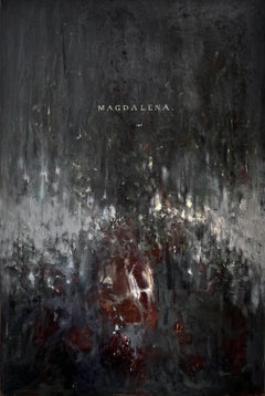 "Magdalena" (bianco e nero, rosso, tipo di testo, astratto, surreale, oscuro, misterioso)