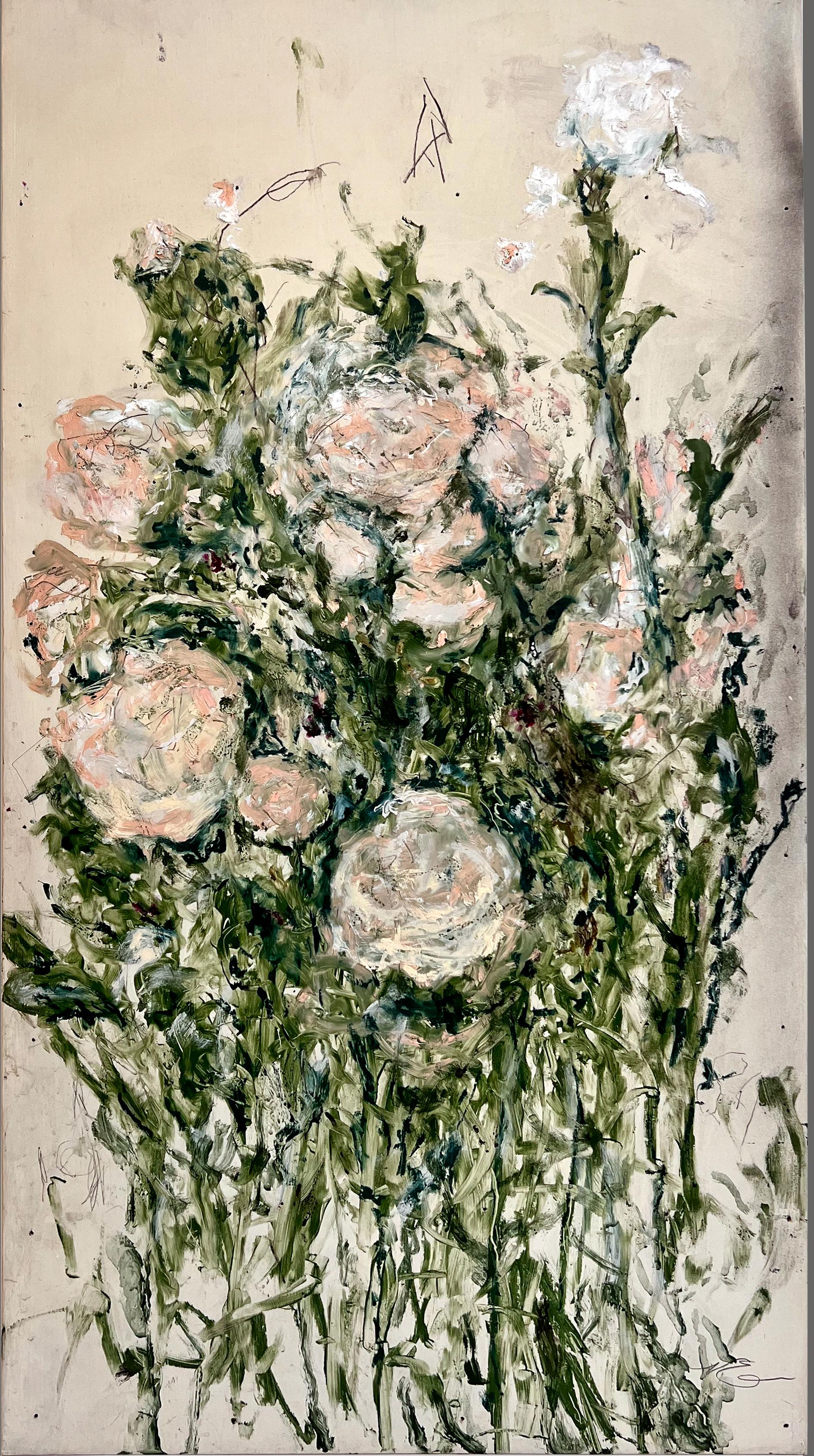 "May's Response" (peinture abstraite, pastel, rose, vert, florale sur panneau de bois)
