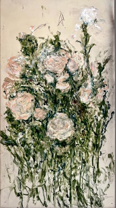 "May’s Response" (Abstract, Pastel, Pink, Green, Floral Painting on Wood Panel)
