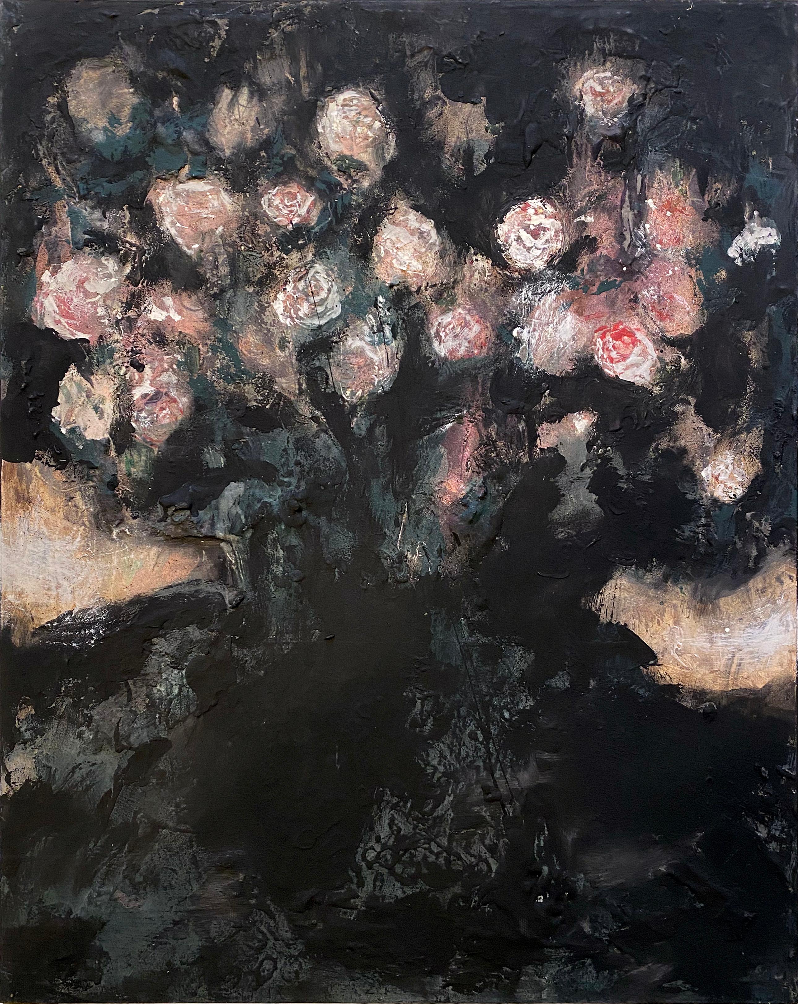 Nicholas Evans Abstract Painting - "Night Bouquet" (Abstract, Calm, Black, Pink Roses, Floral Painting on Wood) 