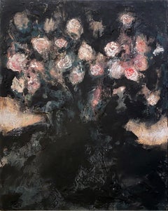 "Night Bouquet" (Abstract, Calm, Black, Pink Roses, Floral Painting on Wood) 