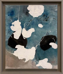 "Nouvel Air" (abstract, whimsical, blue clouds, custom framed painting on linen)