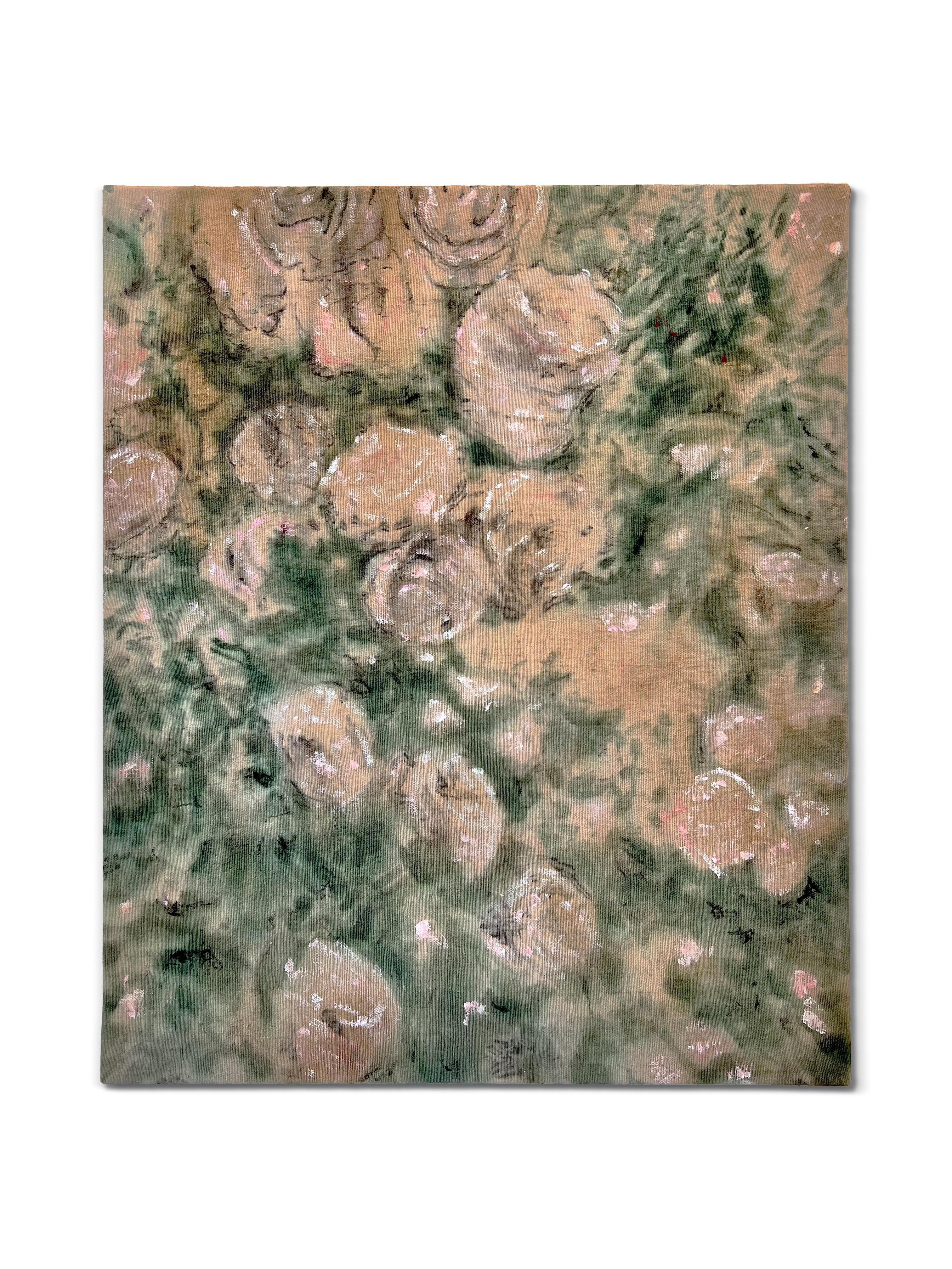 „Once Verdant“ (abstrakt, Rosen, Blumen, Blume, Rot, Rosa, Grün, Färbe, antiker Leinen) – Painting von Nicholas Evans