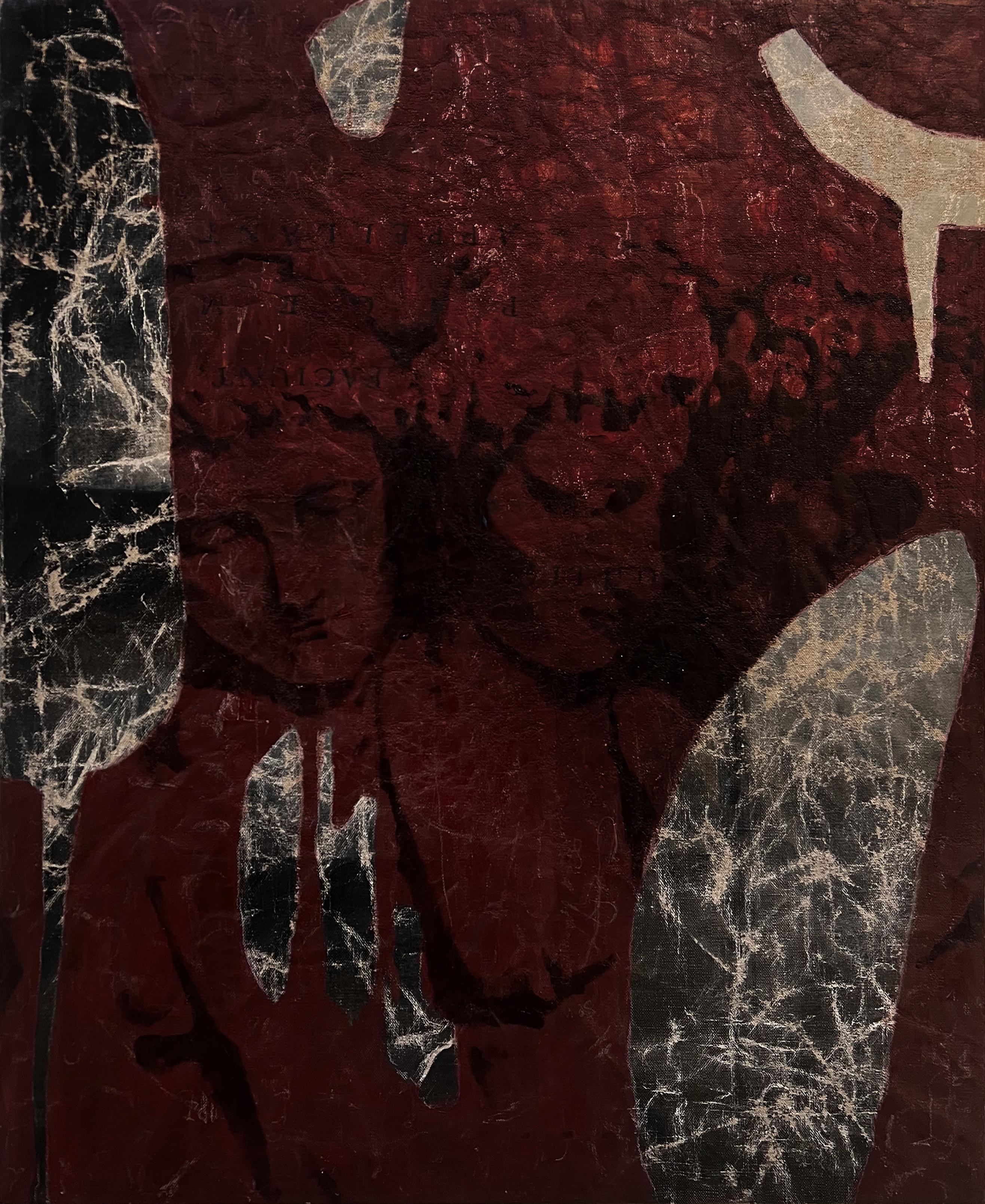 „Pacem Appellant“ (Tiefrot, Oxblood, Dunkel, Schwarz, Figuren, Originalgemälde)
