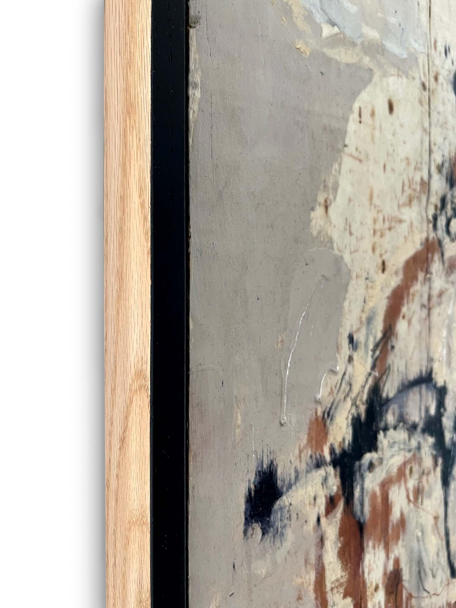 PARTIALLY
2021

Abstract, custom framed painting. Neutral, earth toned color palette of black and brown india ink.  

Embracing the imperfections of reclaimed objects aged over time, Evans uses a piece of imperfect, found wood as his surface.  Signs