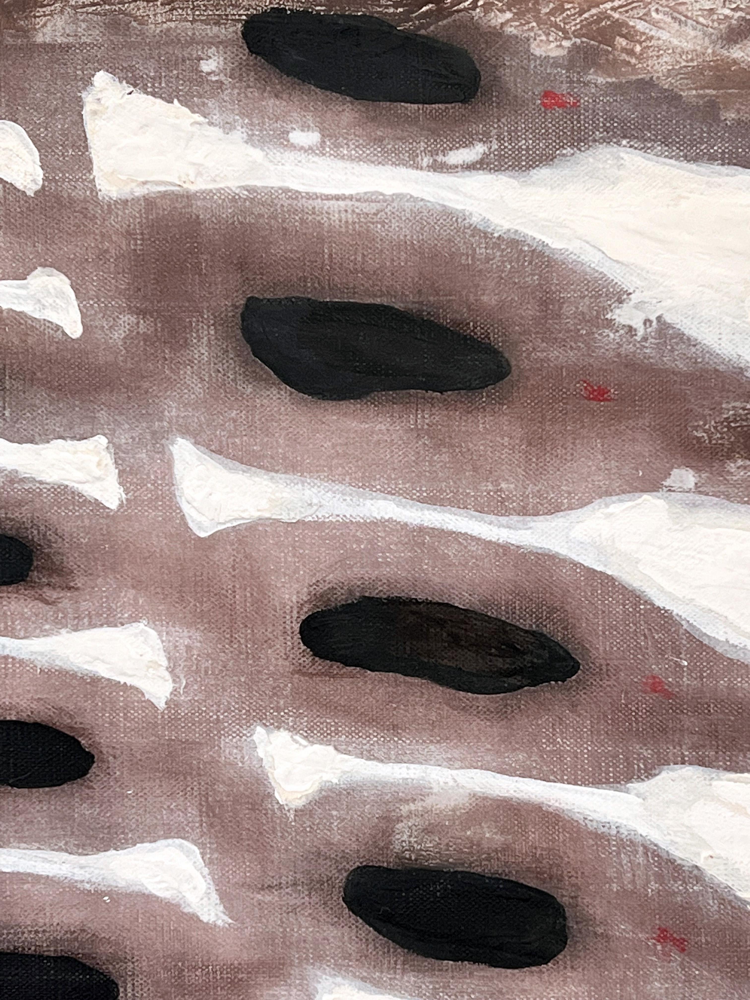 „Plato's Cave“ (Schwarz-Weiß, abstrakt, surreal, primitiv, Formen) (Abstrakt), Painting, von Nicholas Evans