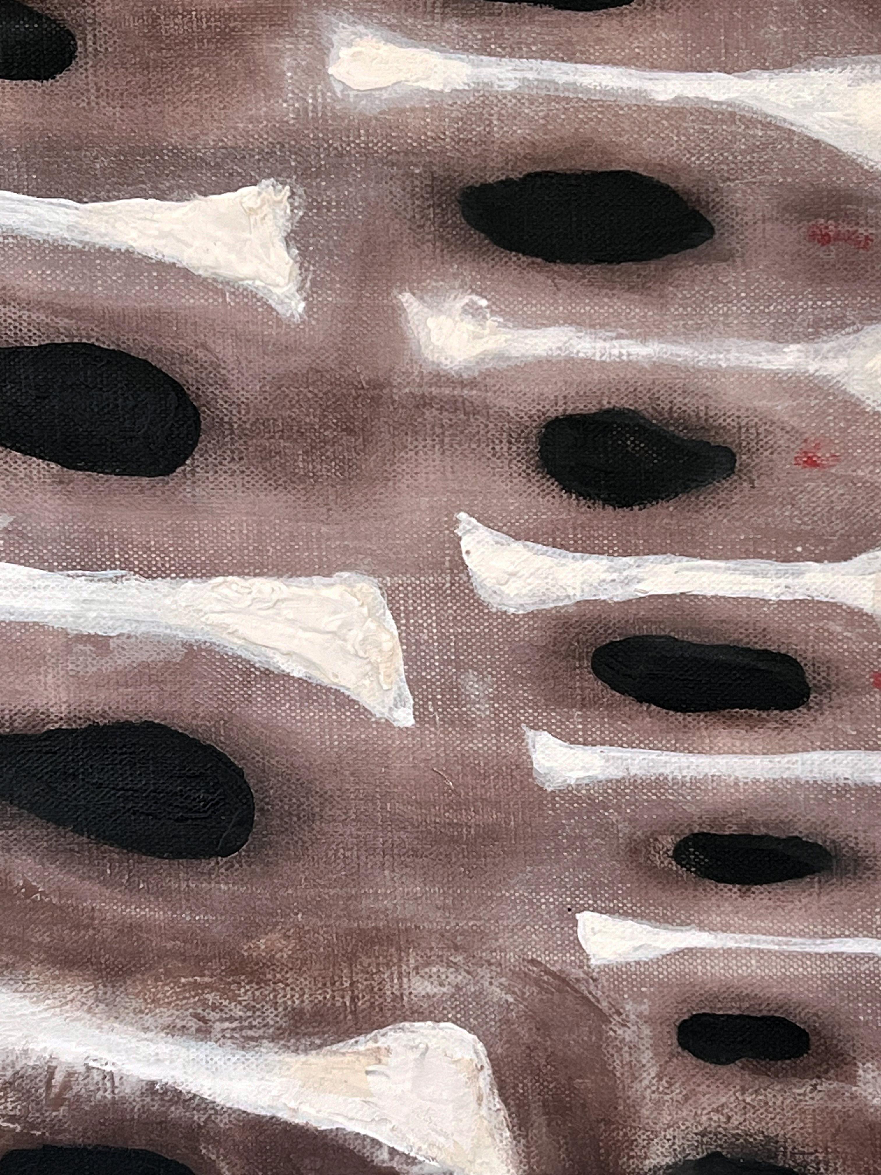 PLATO'S CAVE
2024, Paris, France

A bold and graphic black & white painting with primitive undertones. Black and white acrylic paint lay over a purple-brown wash forming shapes. Very subtle, small, red circular shapes are painted to the side of