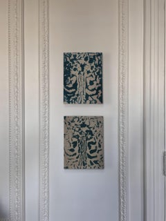 "Rosettes II" (abstract, animal, bold, deep green-blue indigo, neutral, diptych)