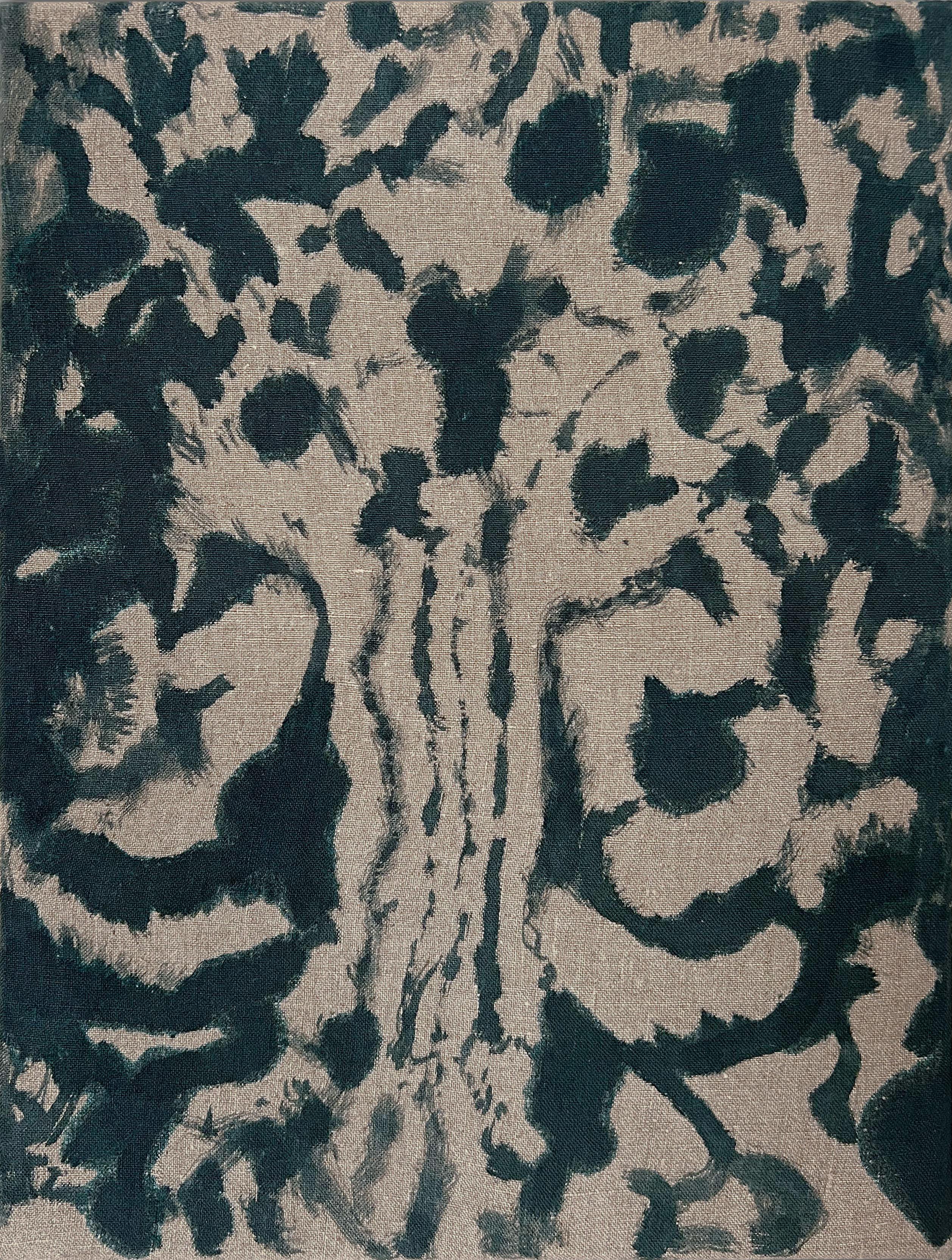 "Rosetas II" (abstracto, animal, audaz, verde oscuro-azul añil, neutro, díptico)