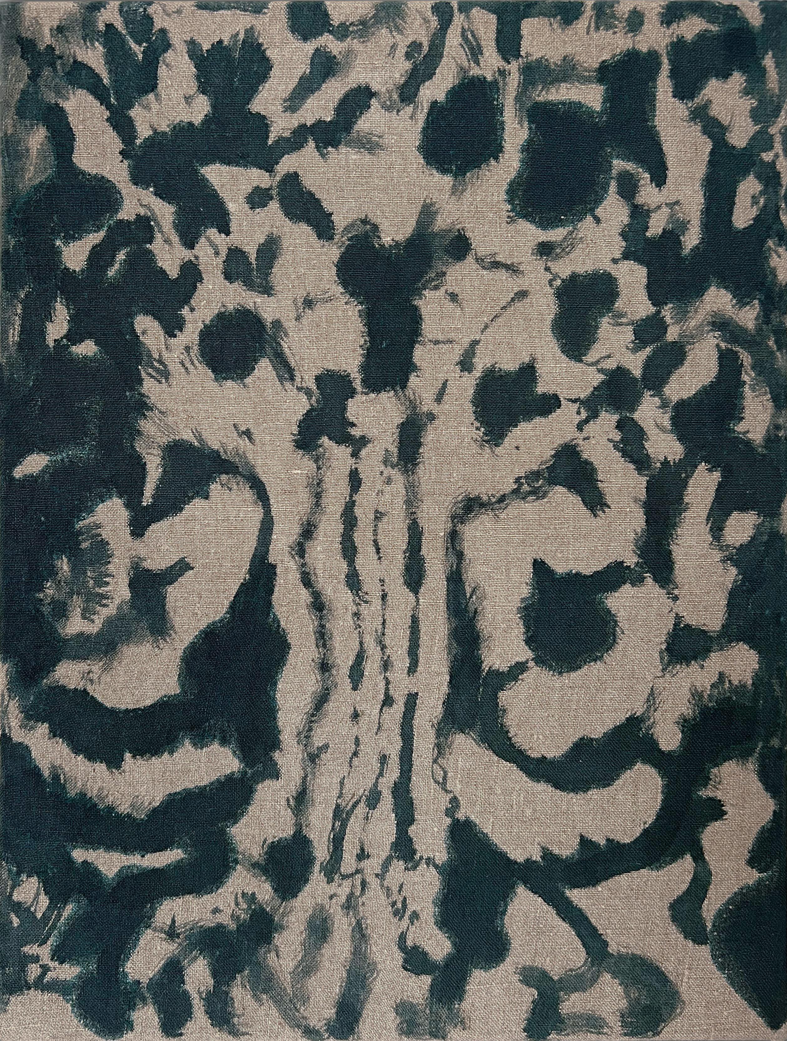 « Rosettes II » (abstrait, animal, audacieux, indigo vert-bleu profond, neutre, diptyque)